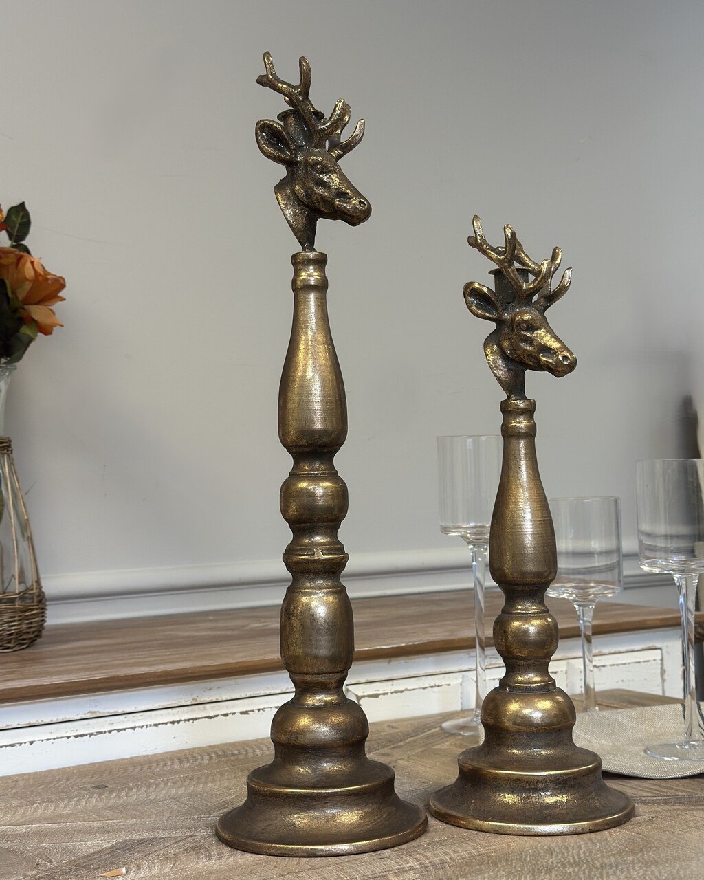 Deer Head Candle Holder Antique Brass Turned Base Taper Stand